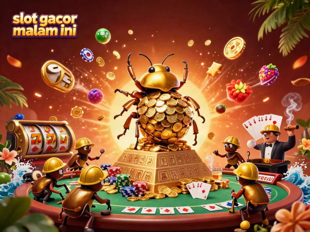Menyaksikan slot gacor malam ini dengan dung beetle emas menggulirkan koin sambil ditemani simbol kasino.