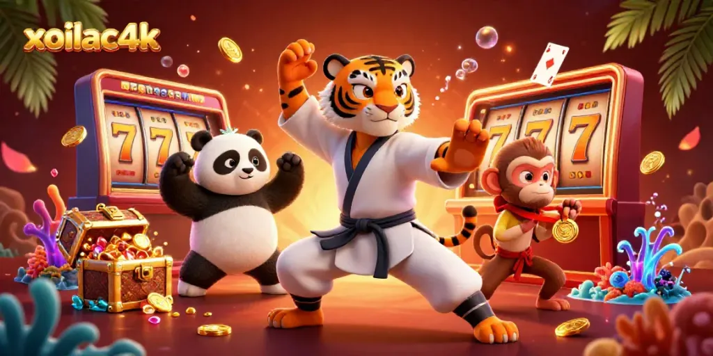 Play at xoilac4k casino with vibrant characters, slot reels, and gold coin treasures filled with excitement.