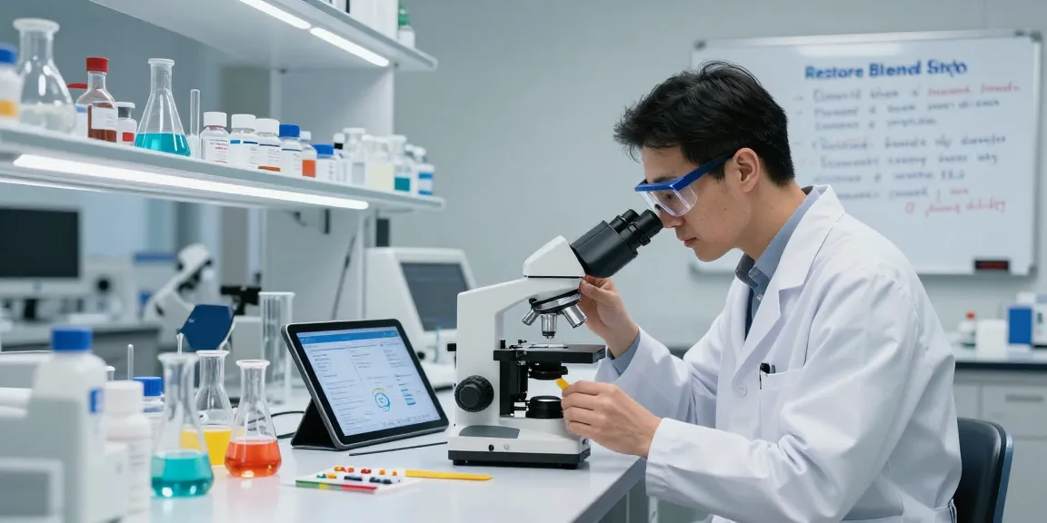 Scientist examining Restore Blend Peptide Buccal Strips focusing on TB 500 benefits in a high-tech lab.