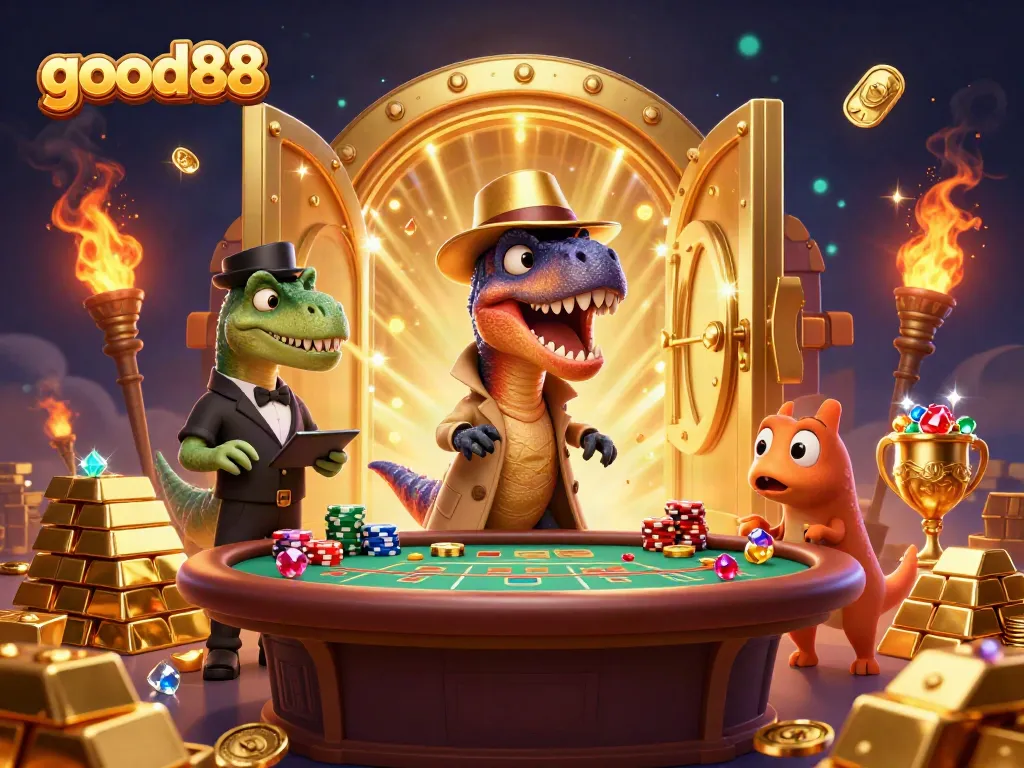 Experience the thrill of good88 with a lively 3D cartoon scene showcasing card games and treasure.