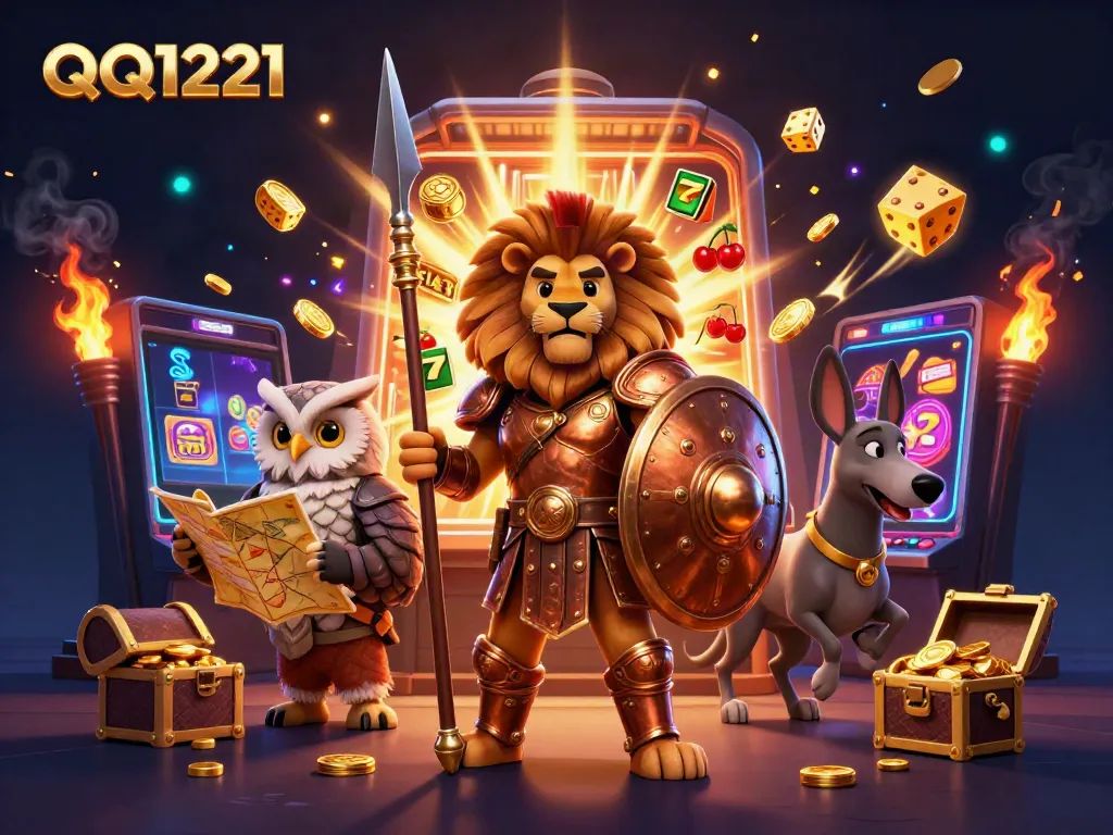 Experience the excitement of QQ1221 with a rich 3D casino scene bursting with winning symbols and characters.