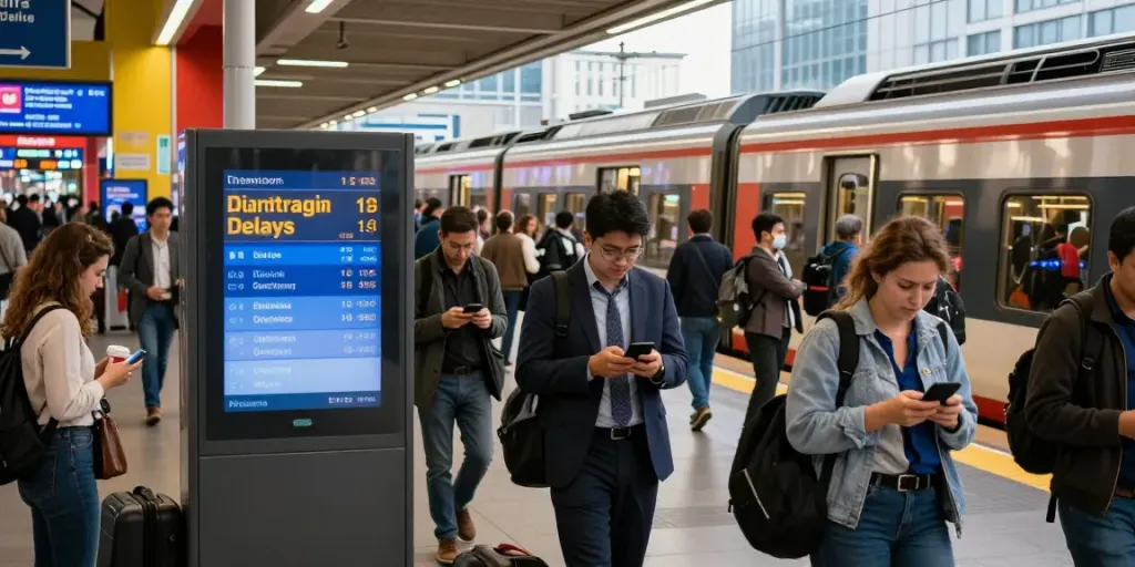 Commuters checking train delays at a busy station during rush hour.