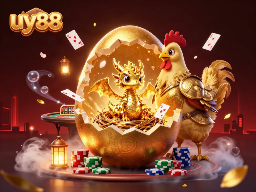 Experience uy88's thrilling gaming escape with a golden dragon guarding poker chips.