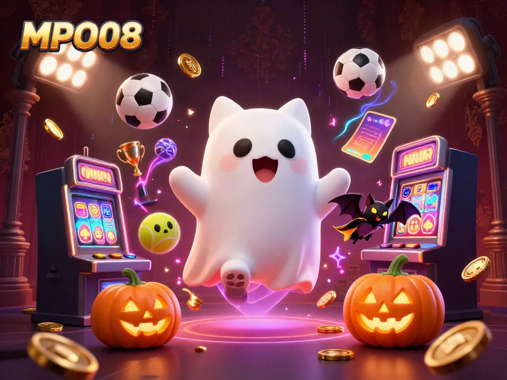 MPO08 provides an engaging haunted casino scene with a friendly ghost cat and vampire bat, perfect for online gaming excitement.
