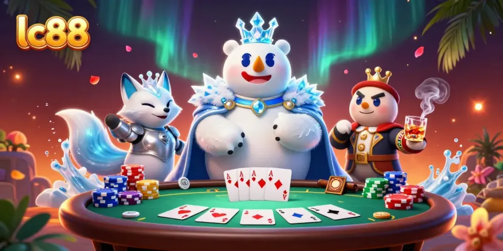 Engage with lc88 in this vibrant poker scene, featuring stacked chips and royal flush.
