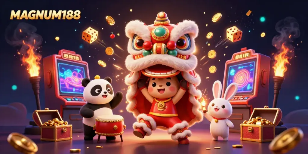 Experience jackpots with MAGNUM188 featuring lively characters in a vibrant casino setting.