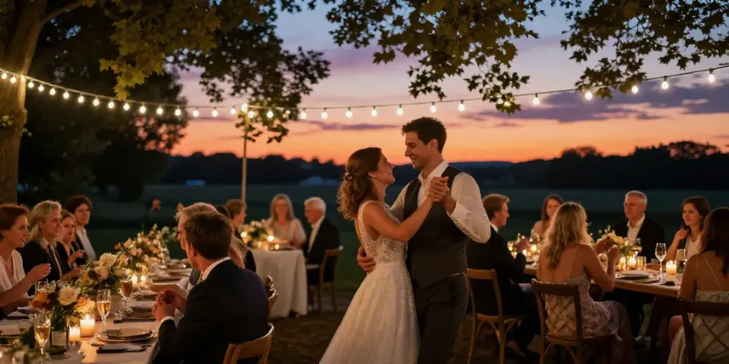 Couple celebrating with guests at a Hochzeit DJ Berlin Brandenburg wedding reception.