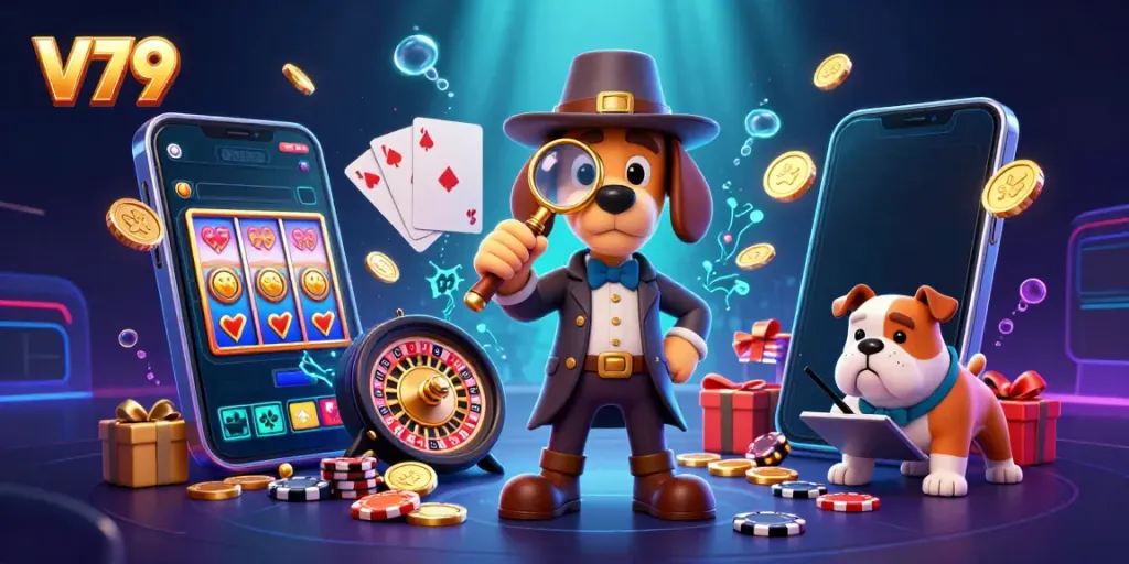 Hành động chơi game hấp dẫn tại V79 với chú chó thám tử đang khám phá chip poker vàng.