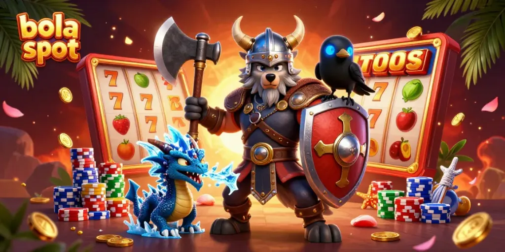 Experience the excitement of bola slot with captivating characters and vibrant casino elements in a vivid illustration.