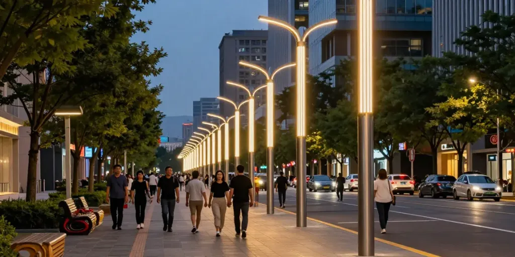 Cityscape showing light pole manufacturers' elegant designs illuminating a busy urban street.