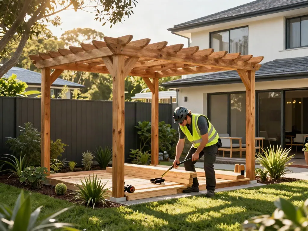 Pergola Builders Sydney constructing a wooden pergola in a suburban backyard with greenery and sunlight.