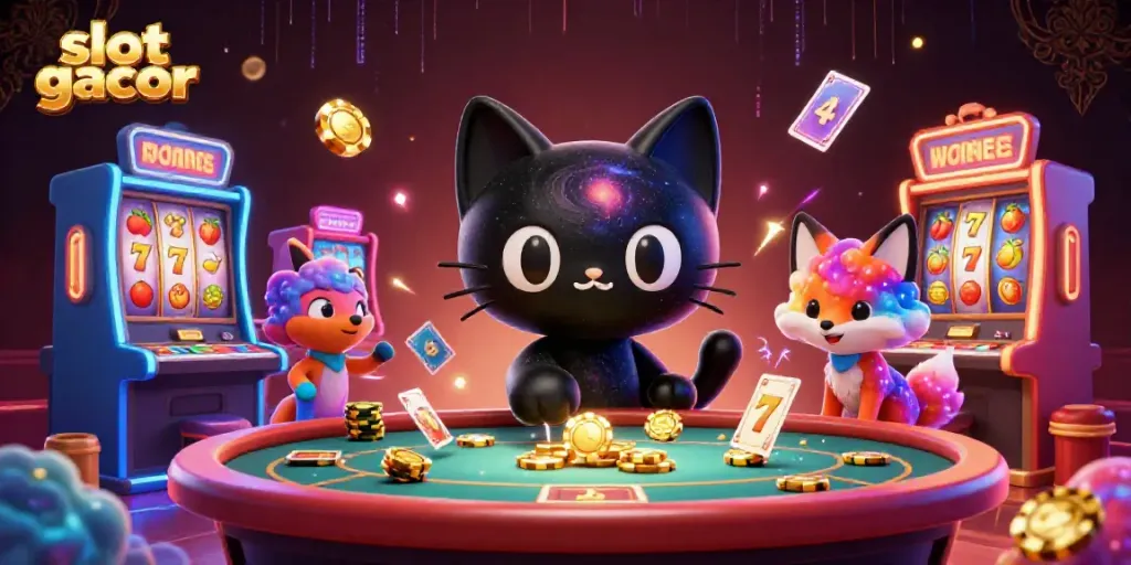 Engage in exciting slot gacor gameplay with cosmic characters capturing golden chips in a vibrant casino.