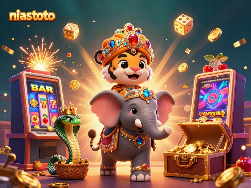 Experience thrilling wins at NIASTOTO with a vibrant 3D casino scene featuring unique characters.