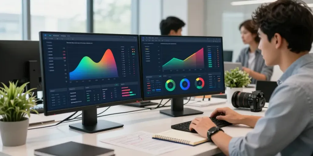 Marketer analyzing google ads management data in a modern office.