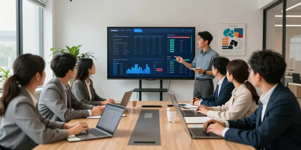Insurance news updates discussion among a professional team in a modern office.