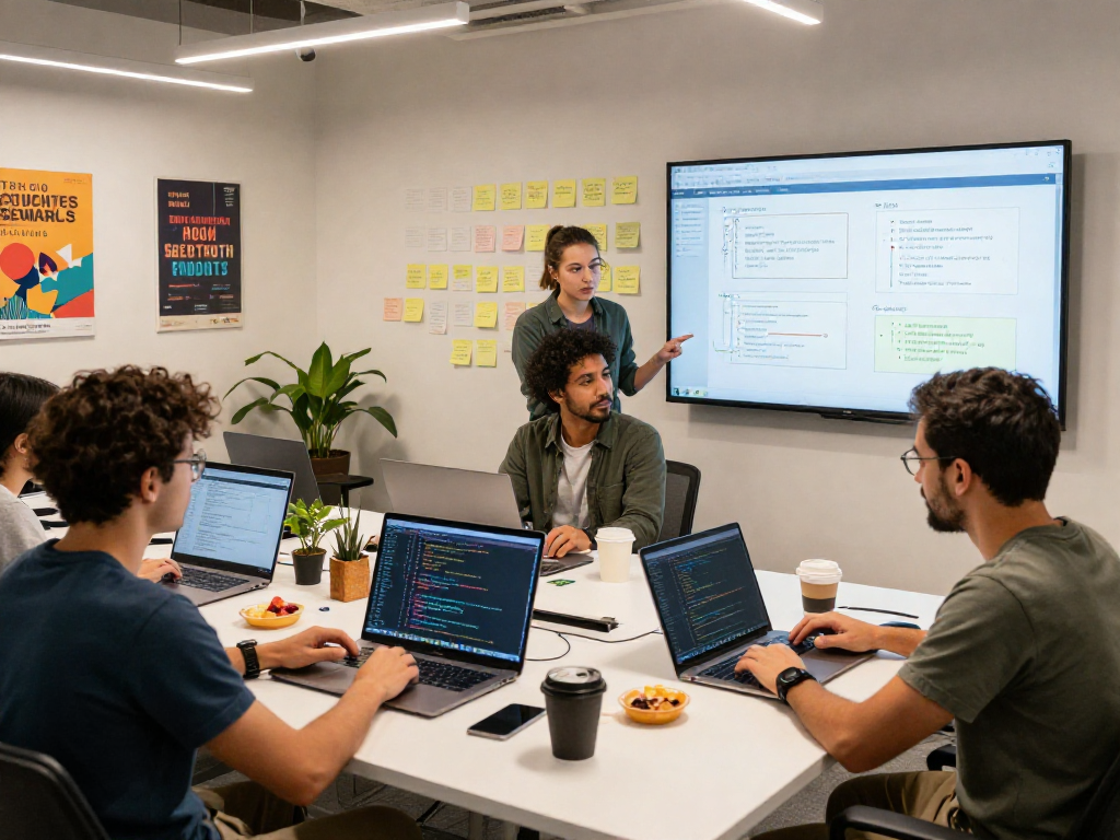 team collaboration at a software development agency with code on screens, Agile methodologies, and a vibrant atmosphere