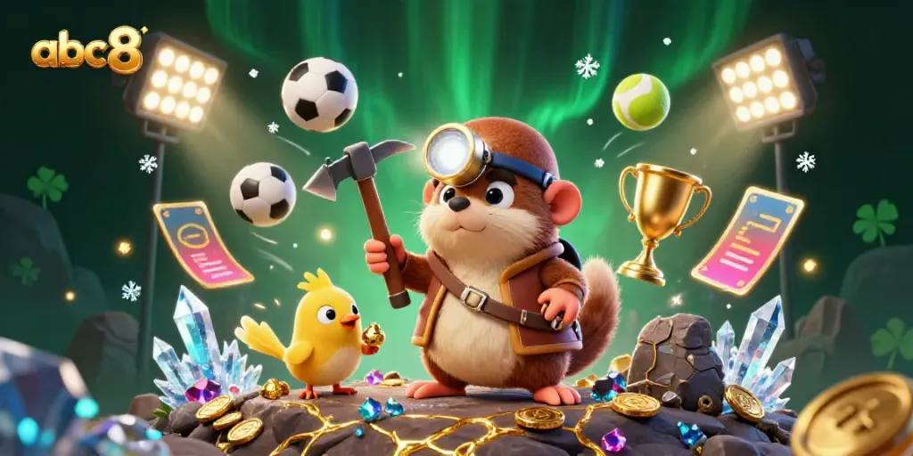Engage in thrilling online gaming at abc8 with vibrant 3D treasure illustrations showcasing casino excitement and gold.