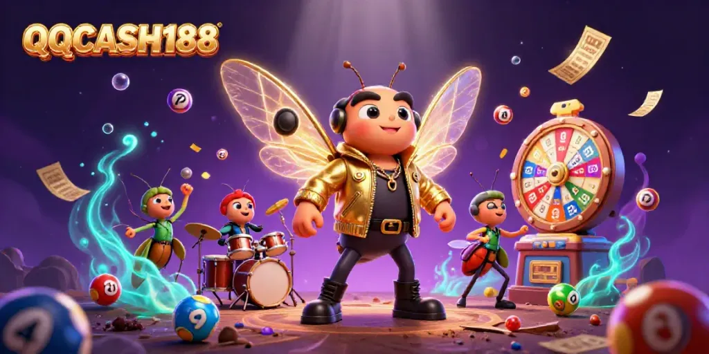 Celebrate gaming excitement with QQCASH188 and vibrant lottery elements in a dynamic 3D illustration.