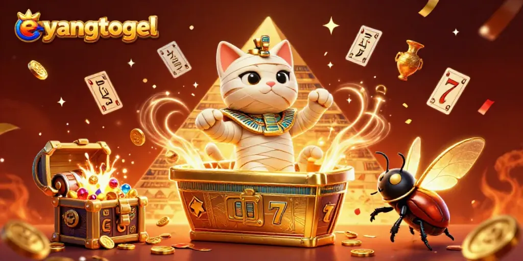 Experience eyangtogel with a dazzling Egyptian mummy cat bursting from a sarcophagus amidst vibrant casino elements.