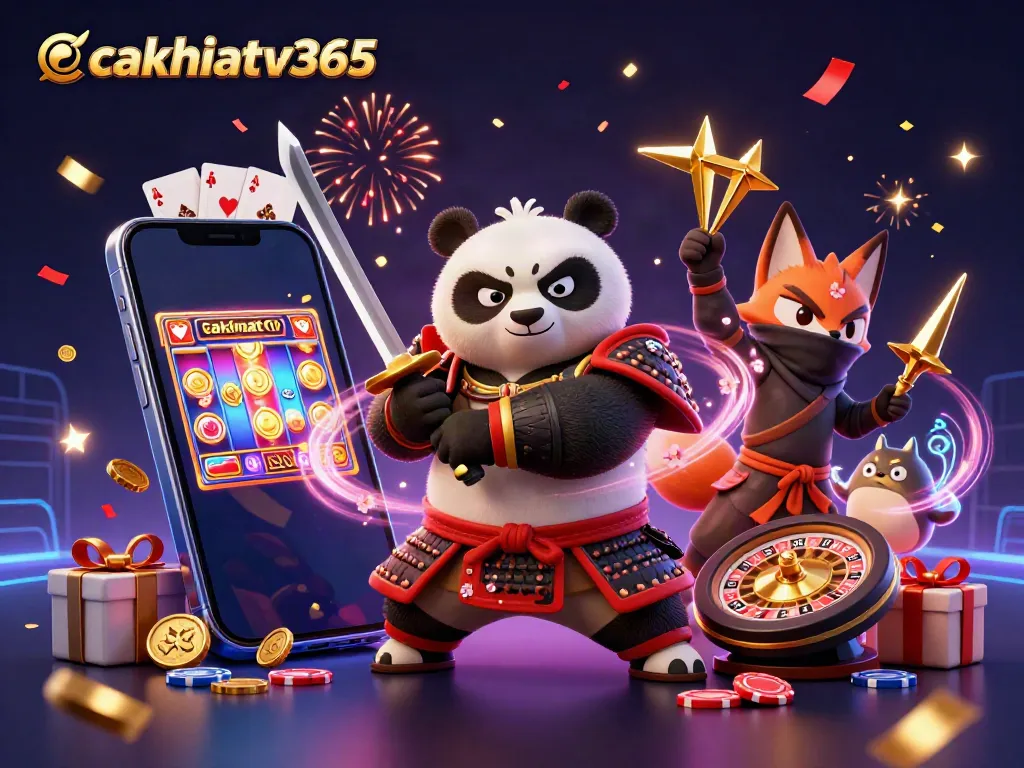 Experience thrilling gambling action with cakhiatv365's vibrant 3D characters and casino elements in a stunning illustration.