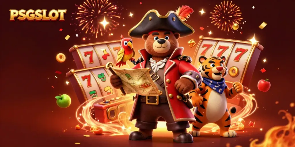 Experience exciting PSGSLOT action with vibrant slot reels, pirate characters, and festive elements.