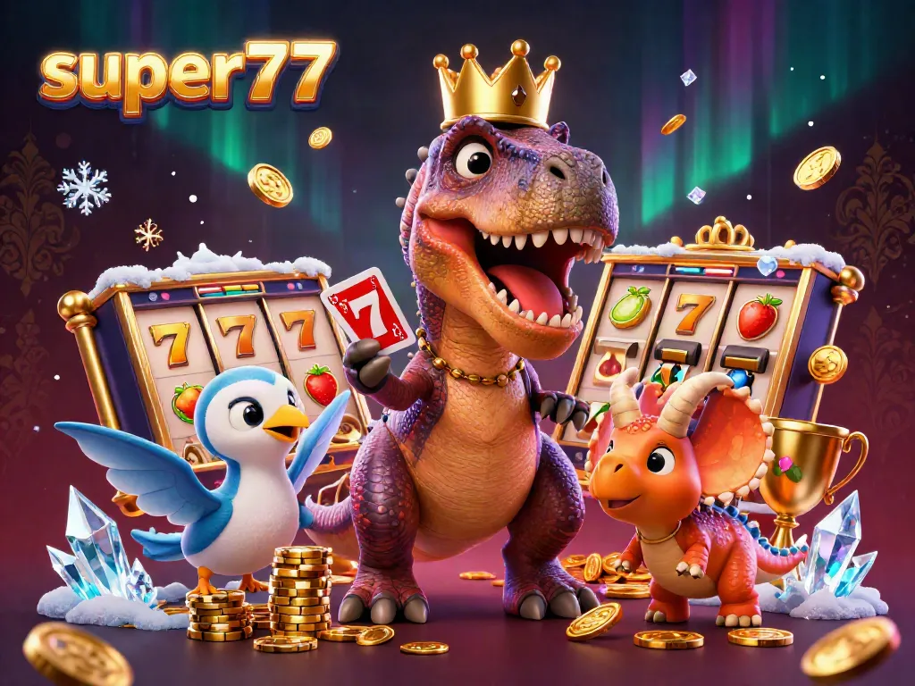 Spin and win with Super77: a T-Rex shuffles cards alongside vibrant slots.