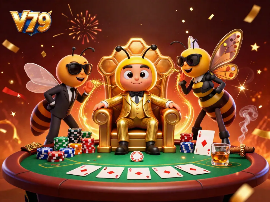Experience V79's vibrant casino world with a lively 3D mob boss scene, poker elements, and dynamic characters.