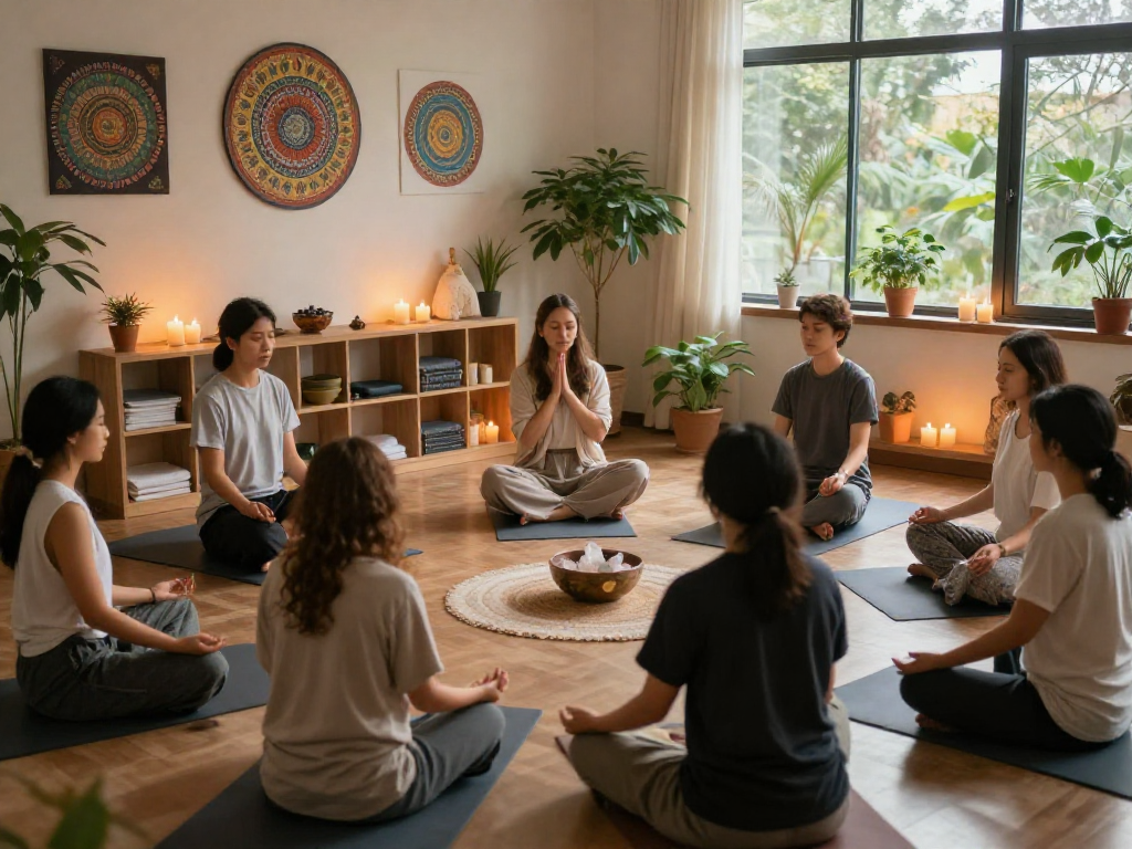 Participants engaging in mantra88 meditation workshop for holistic wellness.