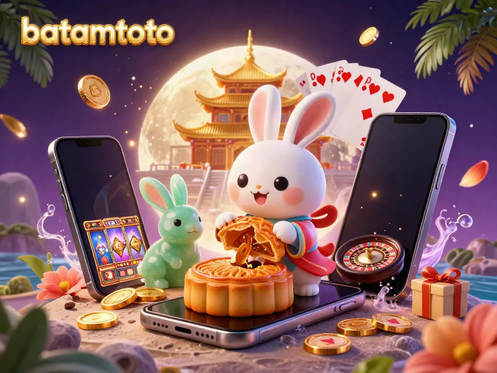 Experience batamtoto with a whimsical illustration of a moon rabbit revealing poker chips amidst vibrant casino imagery.