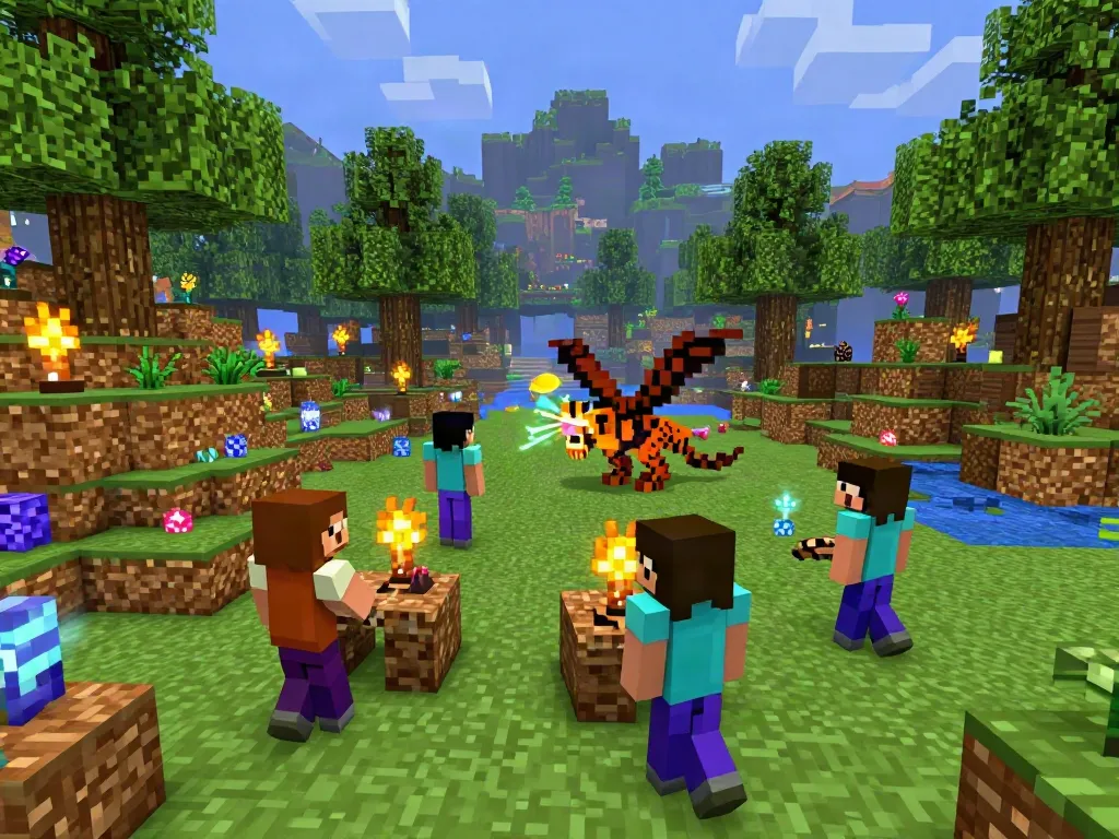Best Minecraft servers featuring dynamic gameplay with players in vibrant landscapes, showcasing teamwork and adventure.