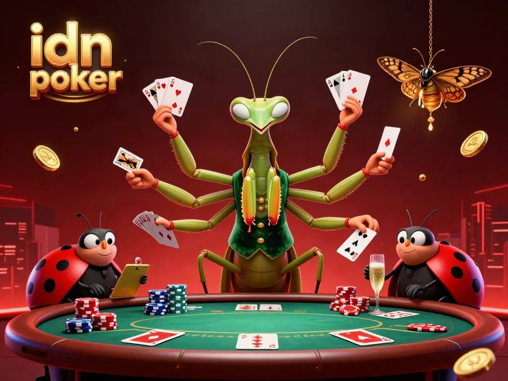 Dapatkan pengalaman bermain idn poker yang menyenangkan dengan gambar karakter kasino kartun yang penuh aksi dan elemen permainan.