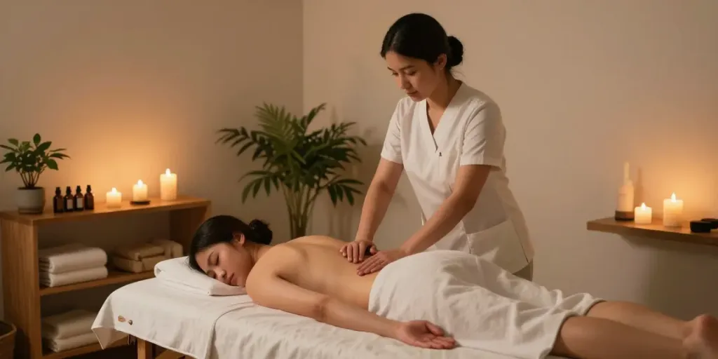 Client receiving 출장안마 in a serene home massage setting with calming atmosphere.