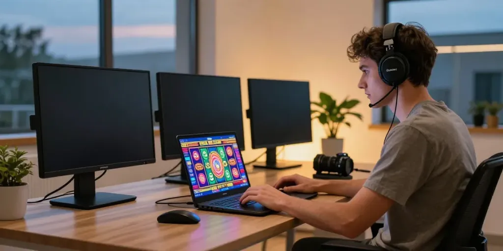 Exciting gaming moment showcasing sapporo88 online slots in a stylish home office