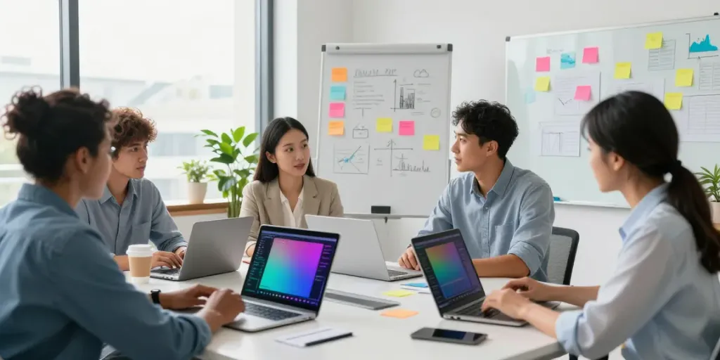 Collaborative meeting scene highlighting bpinetempresas teamwork and innovation in a modern office.