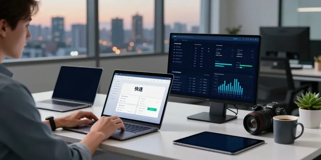 Professional user engaging with the 快连 app in a modern tech workspace, showcasing productivity.