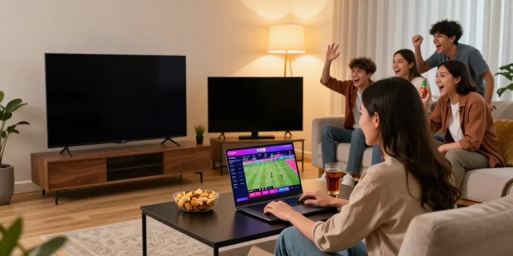 Engaged users enjoying FIVE88 sports betting in a lively living room.