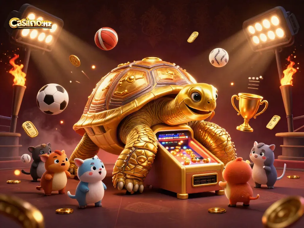 Experience the excitement of casinosnz with a vibrant illustration featuring a golden tortoise pinball machine and sports elements.