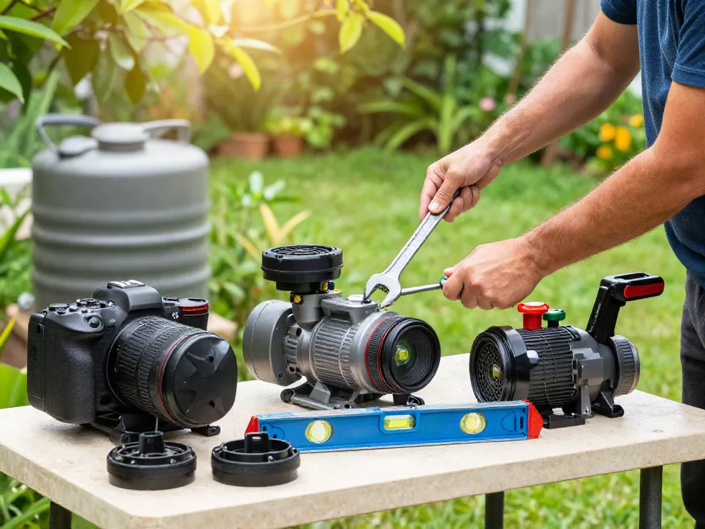 Instalación de bombas de agua en Venezuela, mostrando diferentes modelos en un jardín