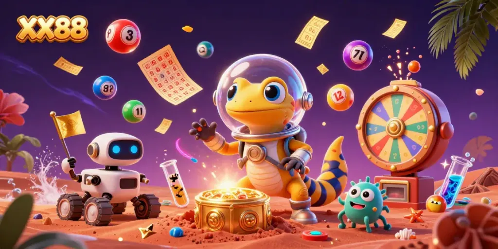 Experience thrilling gameplay at XX88 with vibrant, colorful casino excitement from a Martian perspective.