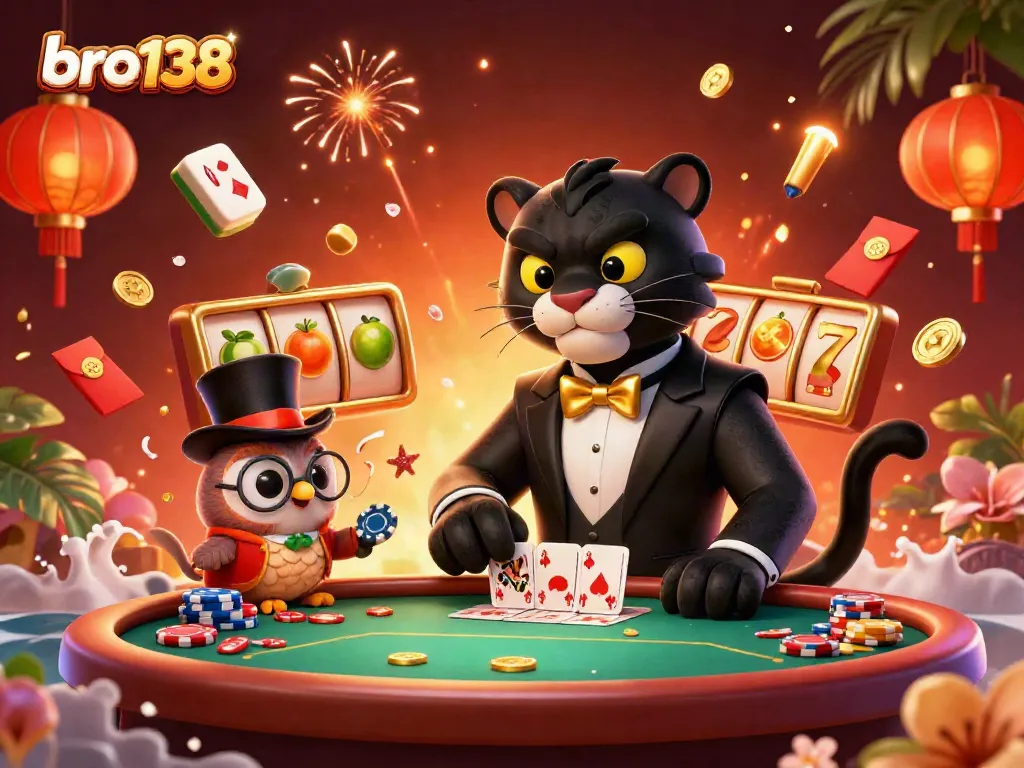 Experience thrilling moments in bro138 casino with a stylish panther, owl, and lucky mouse at a vibrant poker table.