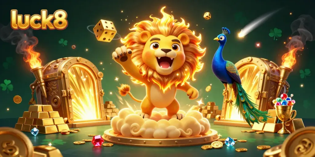 Experience the thrill of luck8 with this vibrant 3D casino scene featuring a roaring lion and golden treasures.
