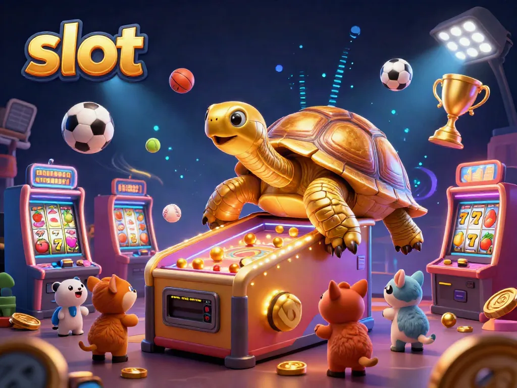 Experience the excitement of slot machines with vibrant 3D illustration featuring a golden tortoise and lucky symbols.
