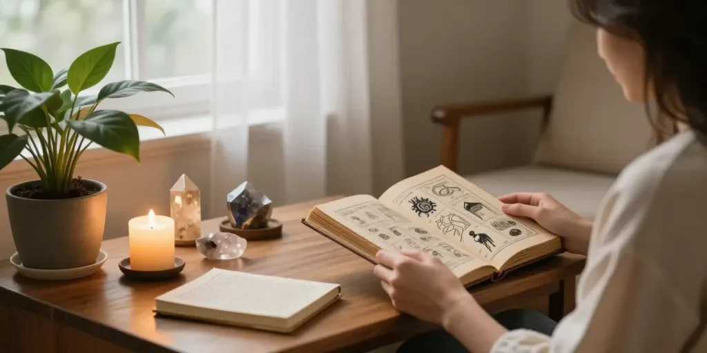 Ilustrasi buku mimpi bukumimpi138 di ruang nyaman dengan lilin dan tanaman.