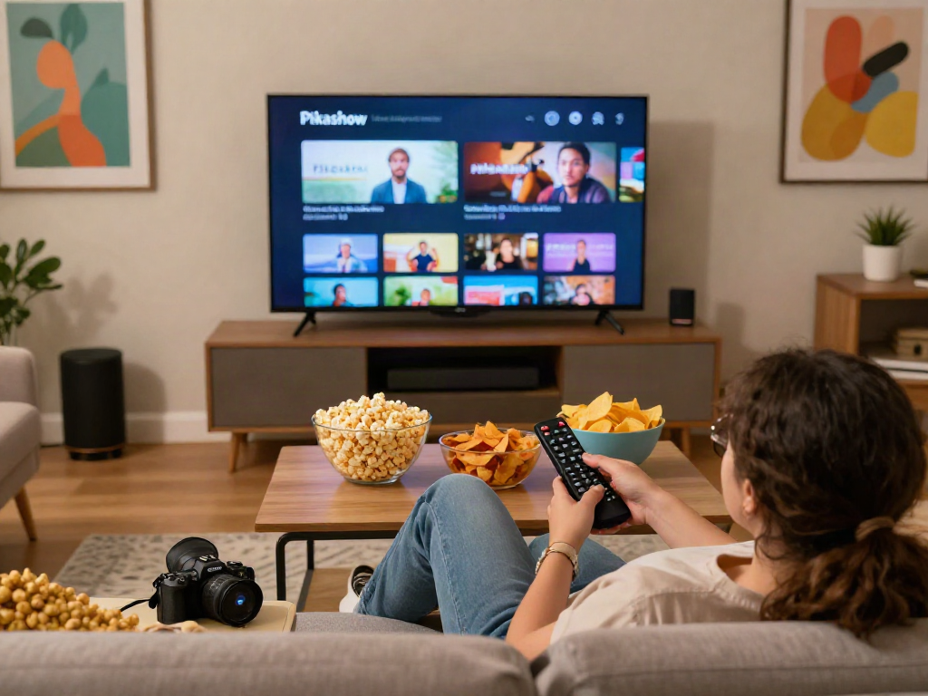 Enjoying a cozy night in with Pikashow streaming interface on TV, viewer surrounded by snacks in inviting living room.