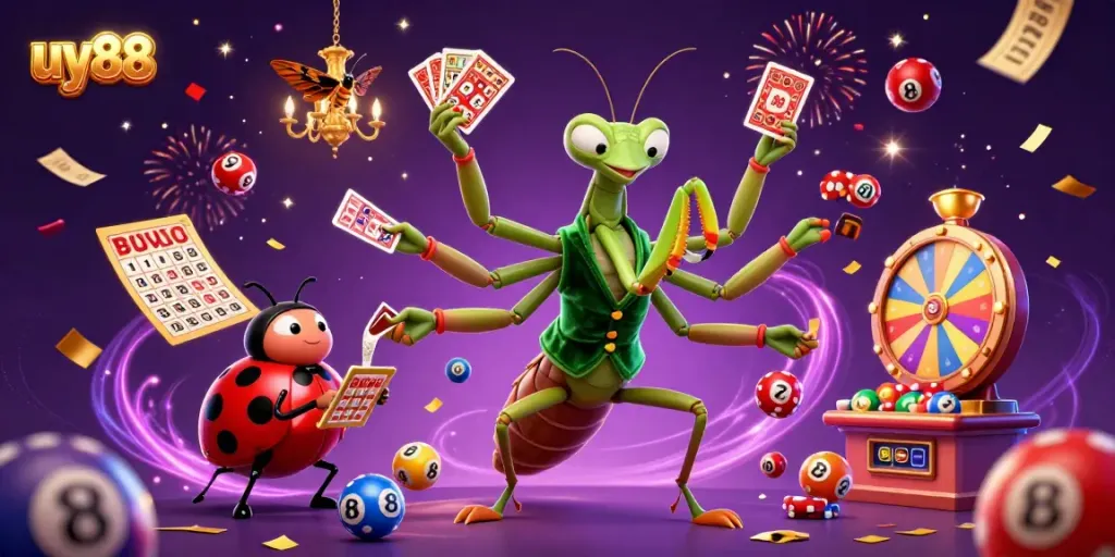 Engage with uy88 gaming excitement featuring colorful lottery balls, a giant mantis card sharp, and festive decorations.