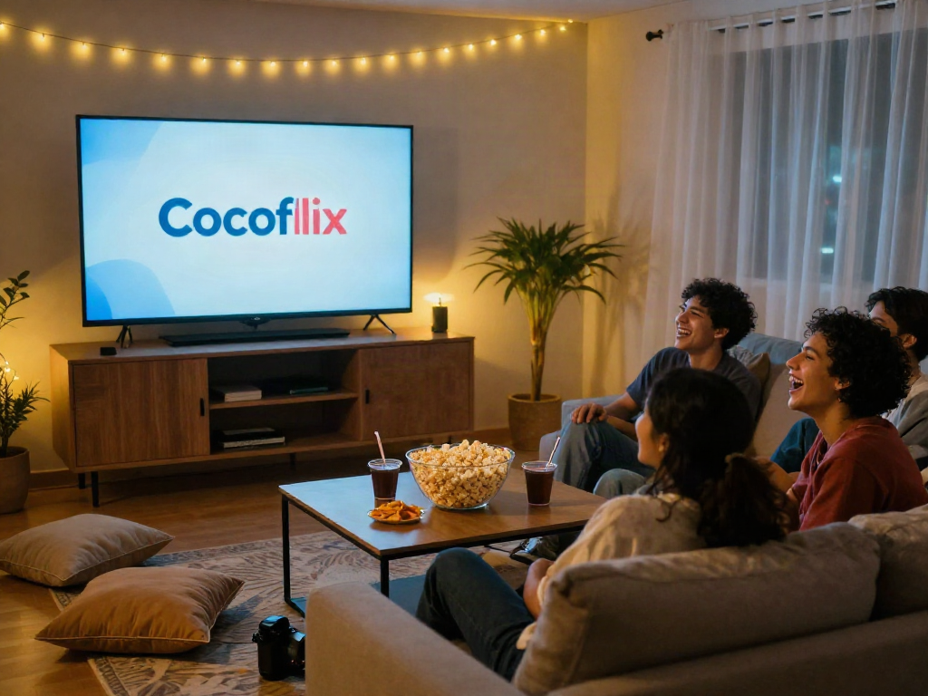 Cocoflix movie night scene with friends laughing and enjoying snacks in cozy home.
