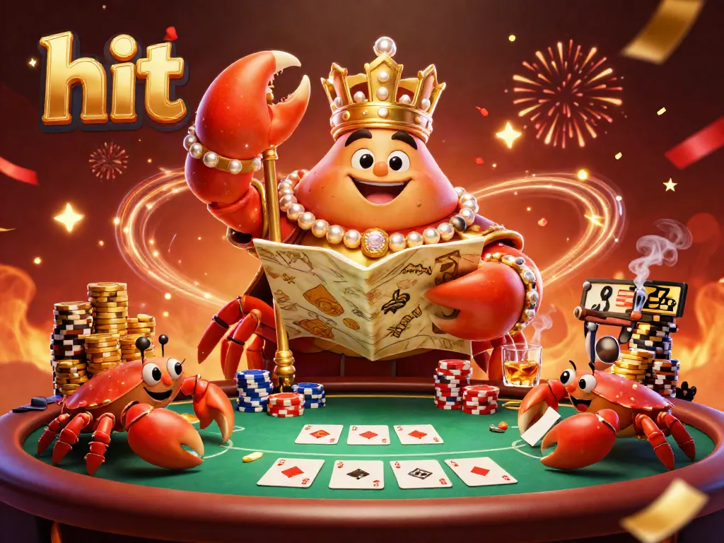 Hit the jackpot with a vibrant scene of a golden crab emperor at an engaging poker table, showcasing luxury and excitement in a casino.