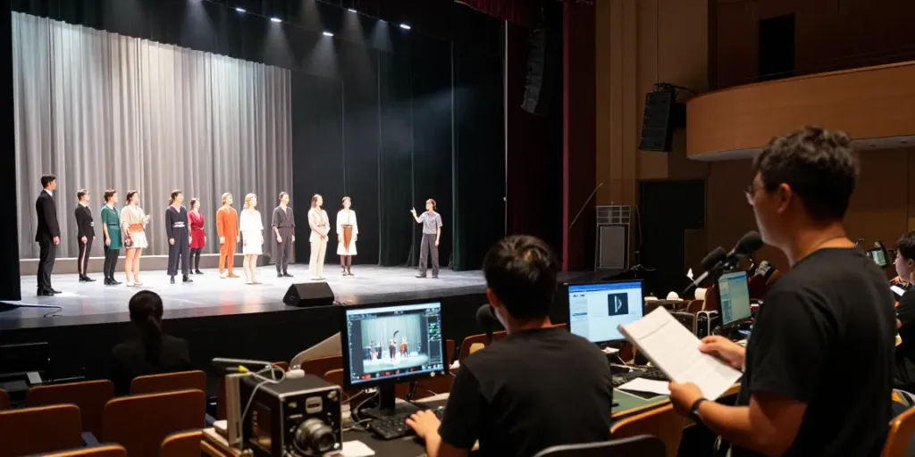Dynamic technical theatre production scene with stage manager directing crew, highlighting engaging performance atmosphere.