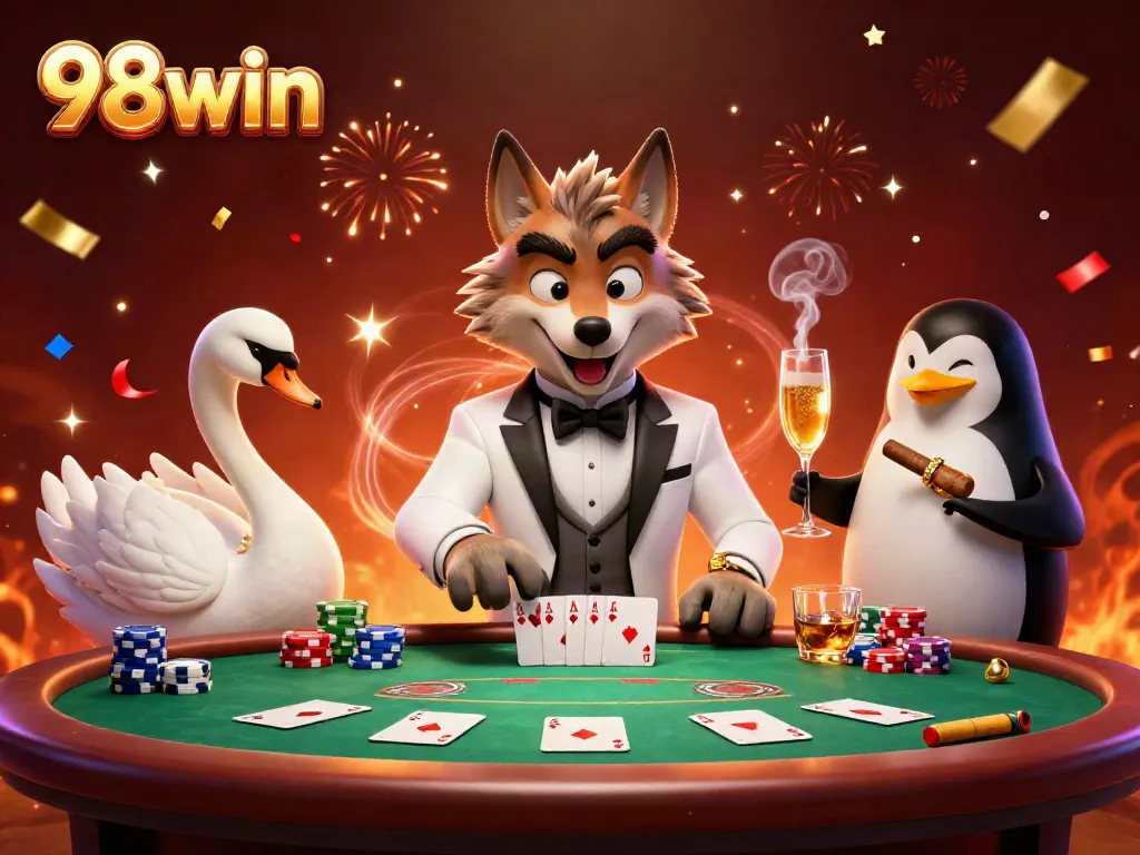 Join the thrilling world of 98win as a debonair wolf, elegant swan, and penguin sommelier celebrate at the casino.