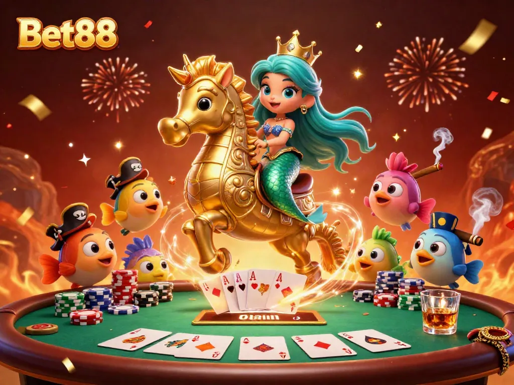 Engage in thrilling moments at Bet88 with a vibrant 3D casino scene featuring a mermaid princess.